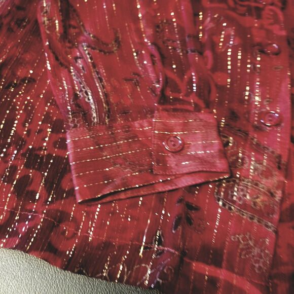 Drapers Damons Top PL Petite Silk Sheer Red Paisley Metallic Striped Whimsigoth - Picture 7 of 11
